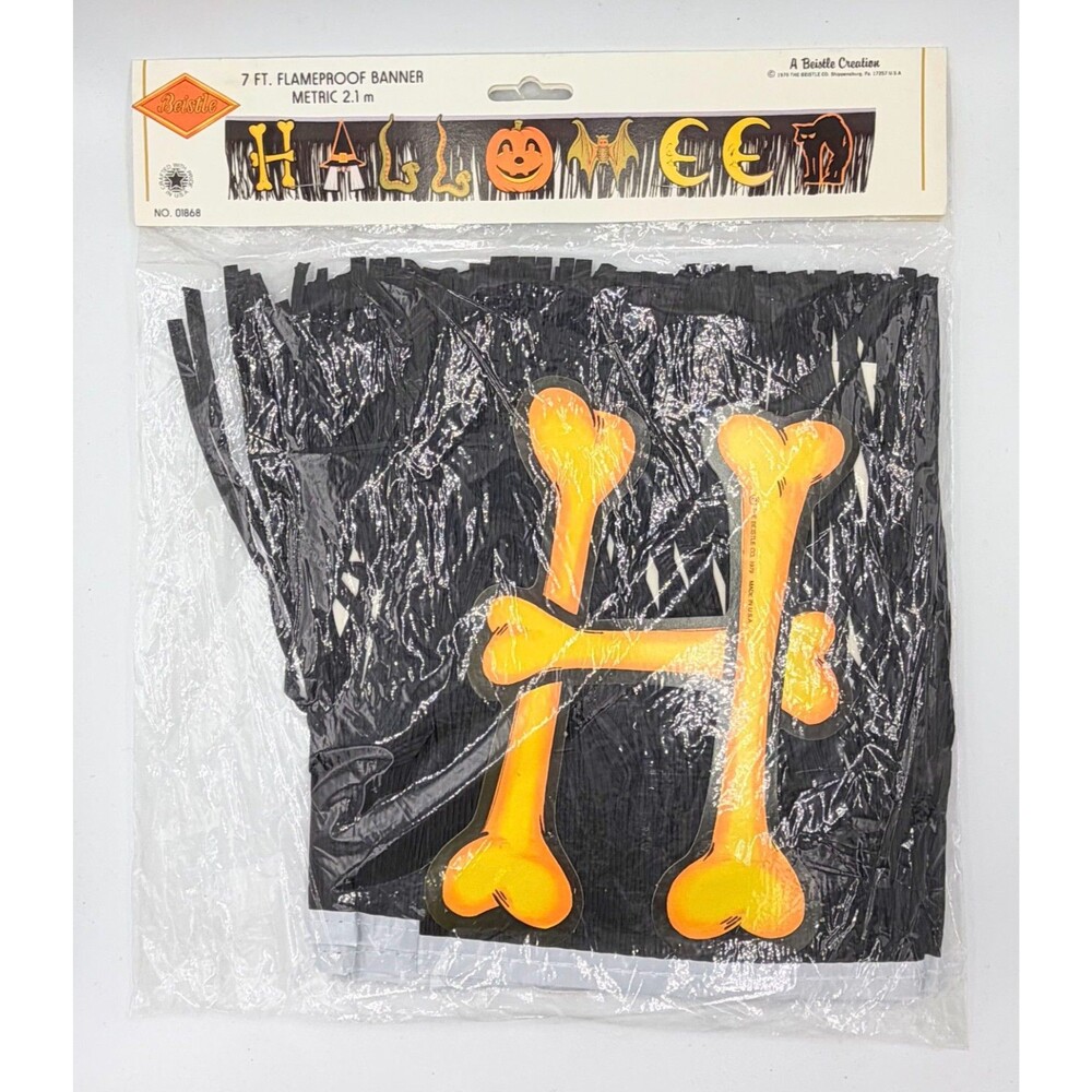 Vintage Beistle Halloween Fringe Garland Banner Die Cut Witch Cat 1979 NOS